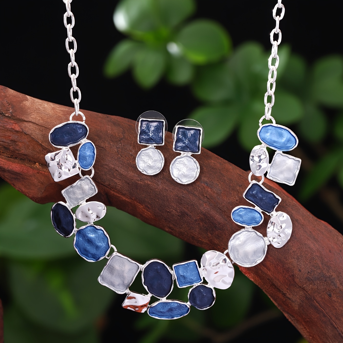 Geometric Oval Earrings & Necklace Set, Painting Design, Zinc Alloy